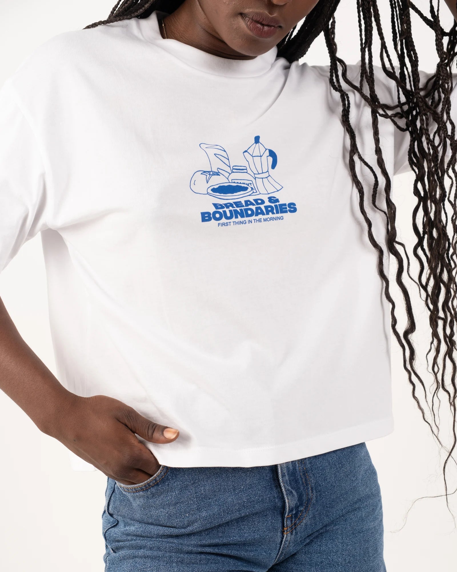 White Bread & Boundaries cropped T-shirt with jeans.