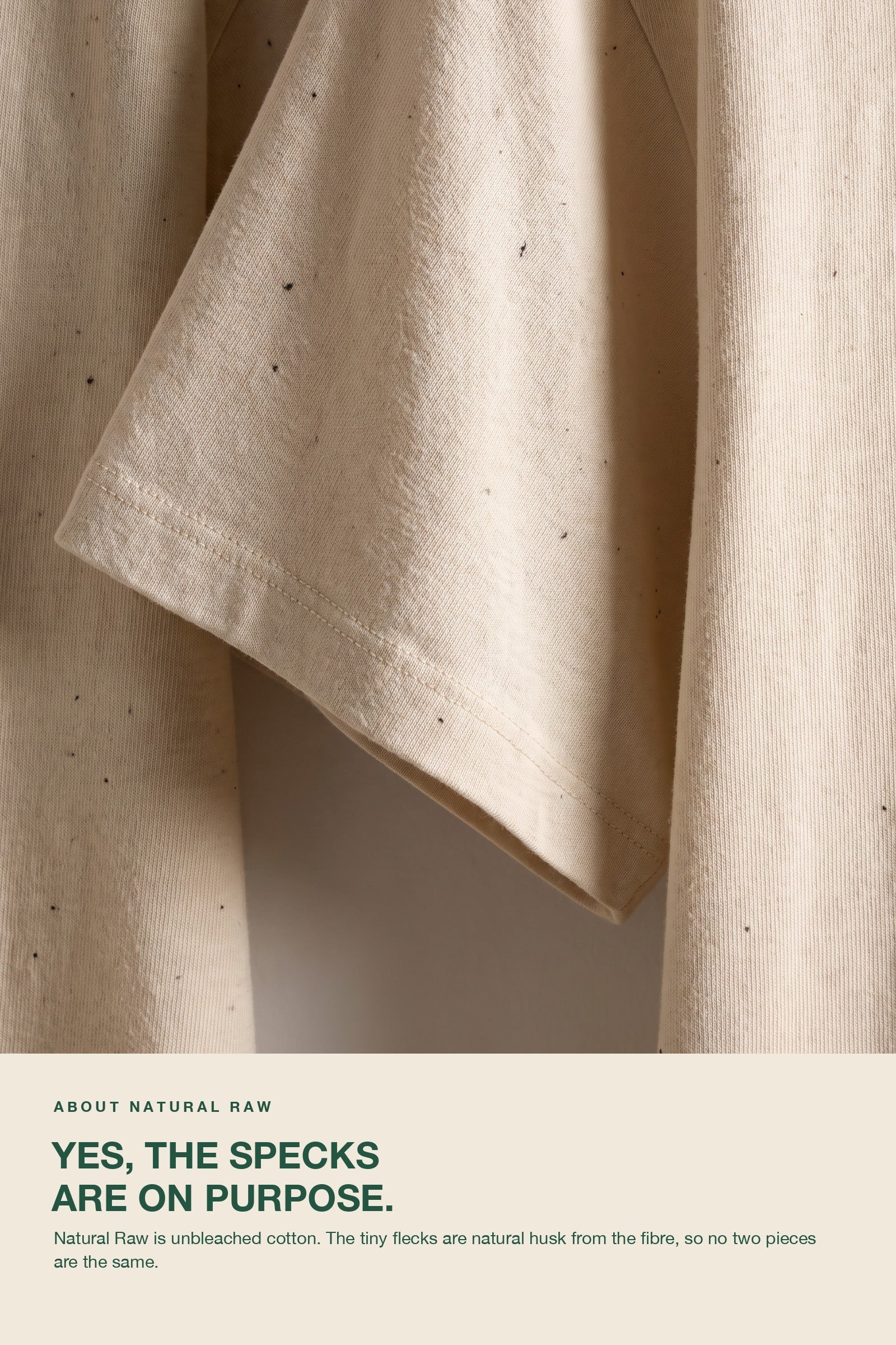 Natural Raw unbleached cotton close-up: the small dark specks are natural cotton husk, not a defect.
