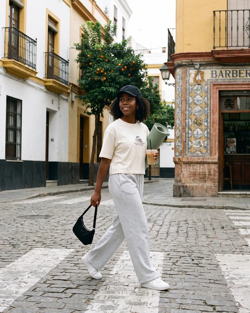 Try Pilates digital campaign: cropped T-shirt, front view, in the street scene. Image created or edited with AI.